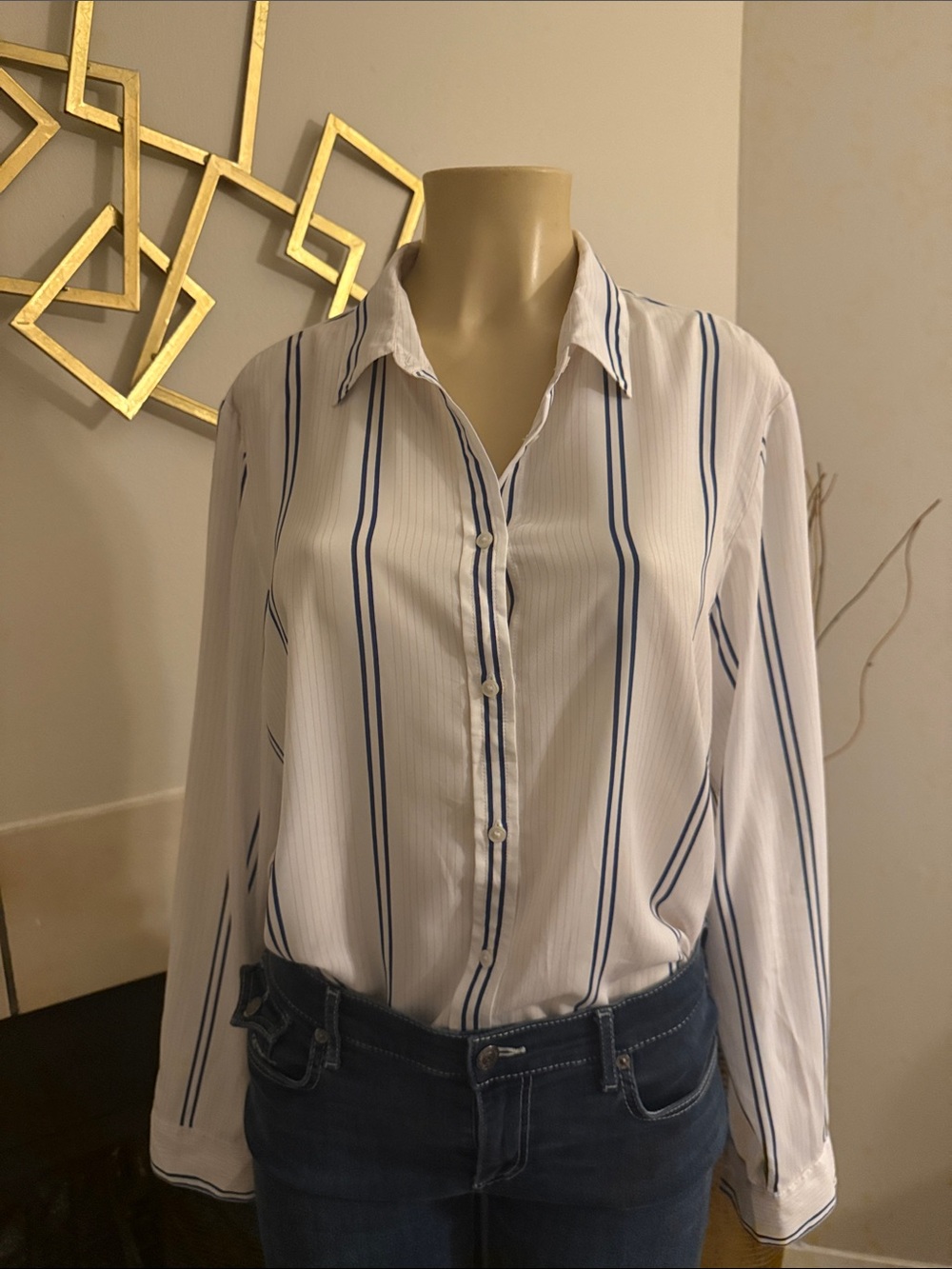 Banana Republic White Button-Down Shirt with Navy Vertical Stripes